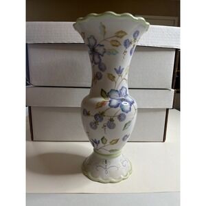 Tracy Porter for FTD Ceramic Floral Bud Vase Blue Flowers Purple Berries Scallop